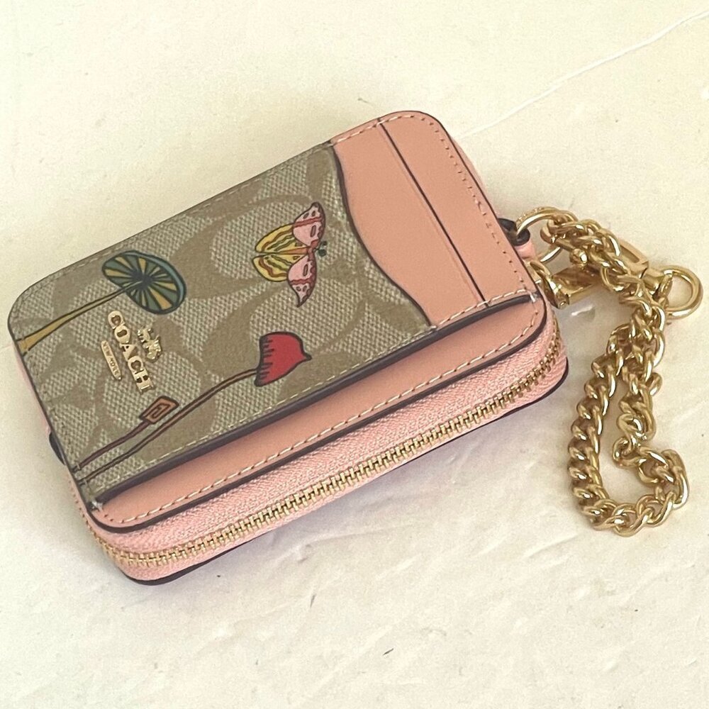 Coach Observed By Us Zip Card Case Khaki Signature Canvas Pink - Picture 4 of 8